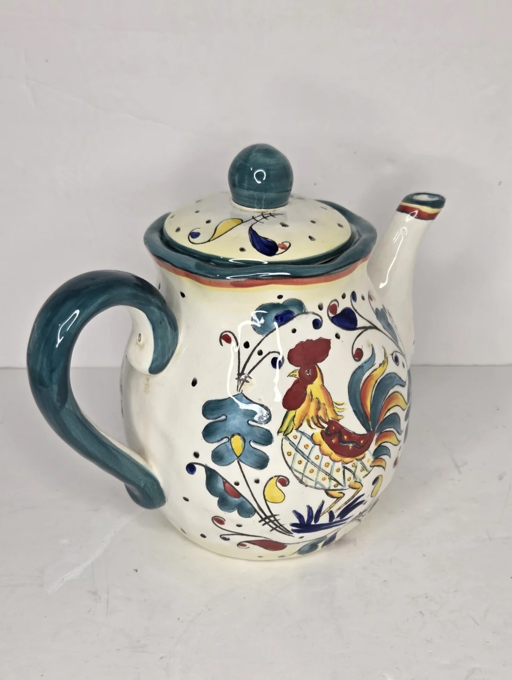 Italian Deruta Teal Pottery Teapot Hand Painted Rooster‎ Ceramic Country
